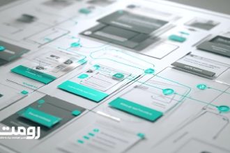 جریان تجربۀ کاربر در یک سیستم پیچیده با کارت های رابط کاربری و مسیرهای تعاملی متصل، در یک چیدمان ساختارمند