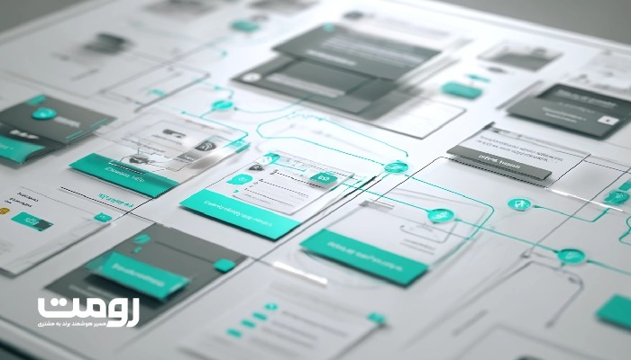 جریان تجربۀ کاربر در یک سیستم پیچیده با کارت های رابط کاربری و مسیرهای تعاملی متصل، در یک چیدمان ساختارمند